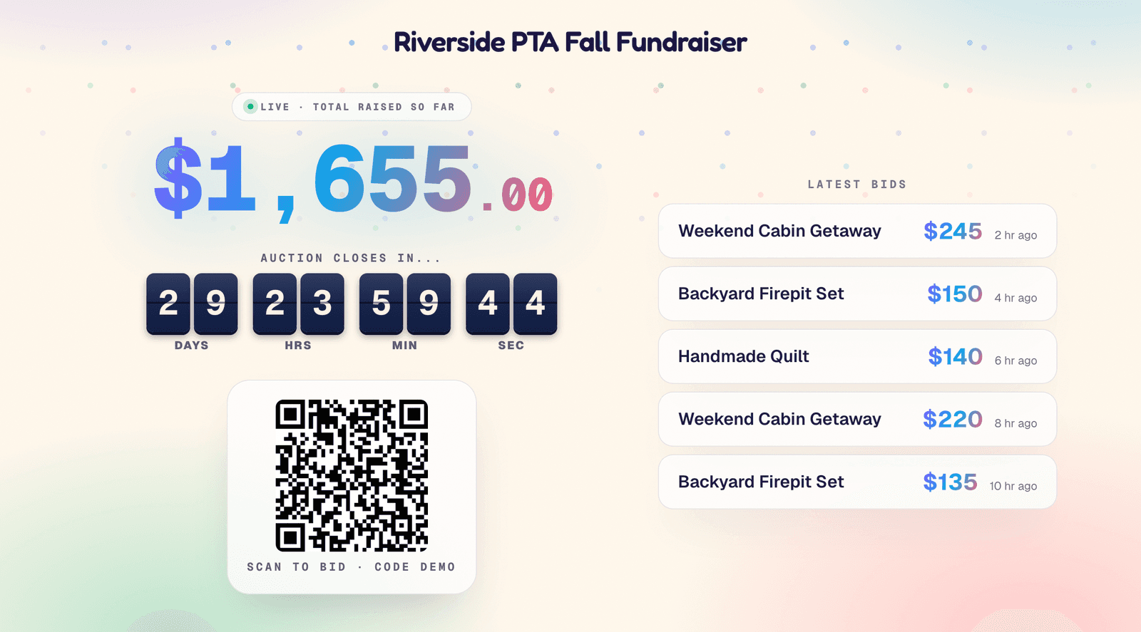 The live bid screen: the event name, the running total raised, a countdown to closing, the latest bids, and a QR code guests scan to bid